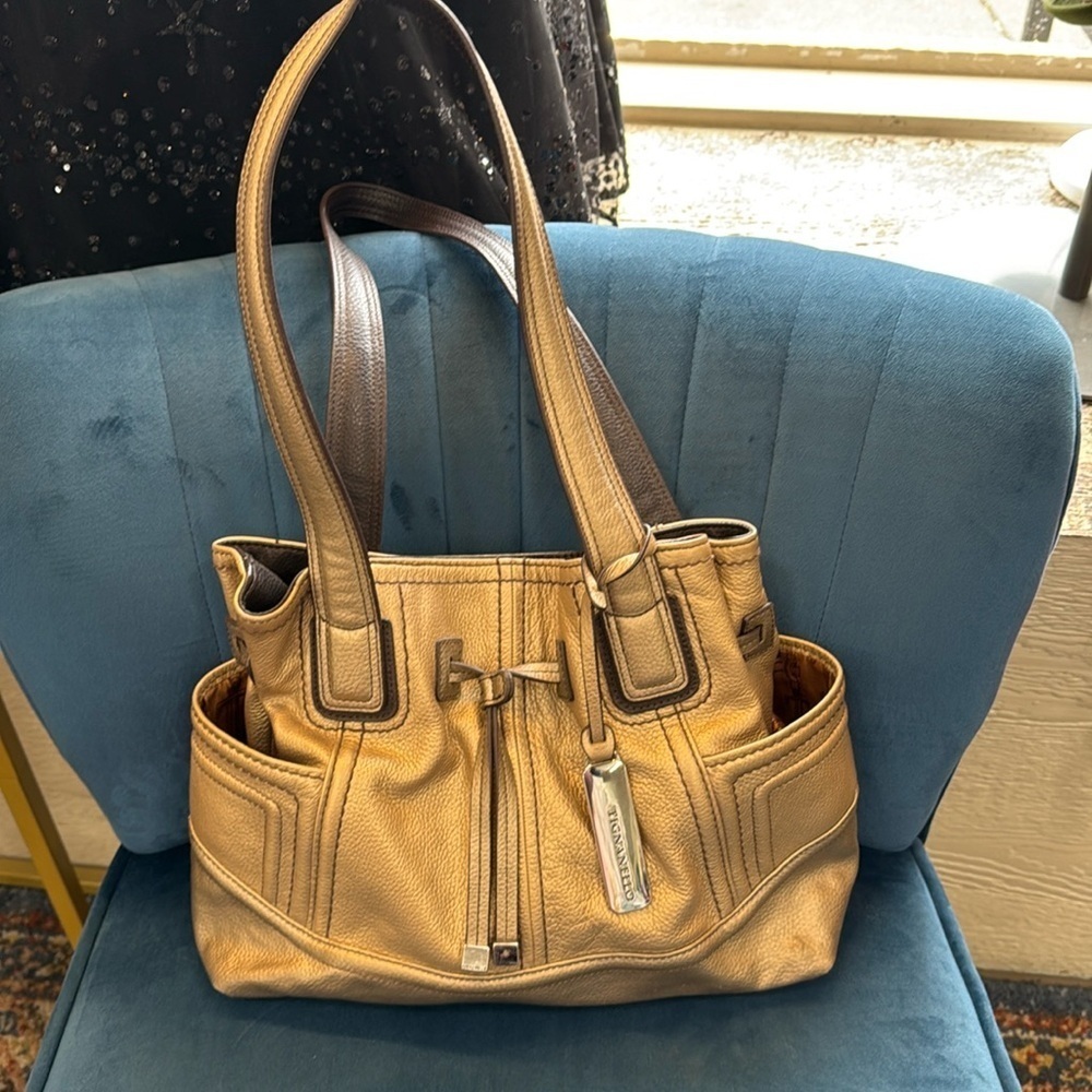 Tignanello Gold Metallic Leather Multi Pocket Shoulder Bag